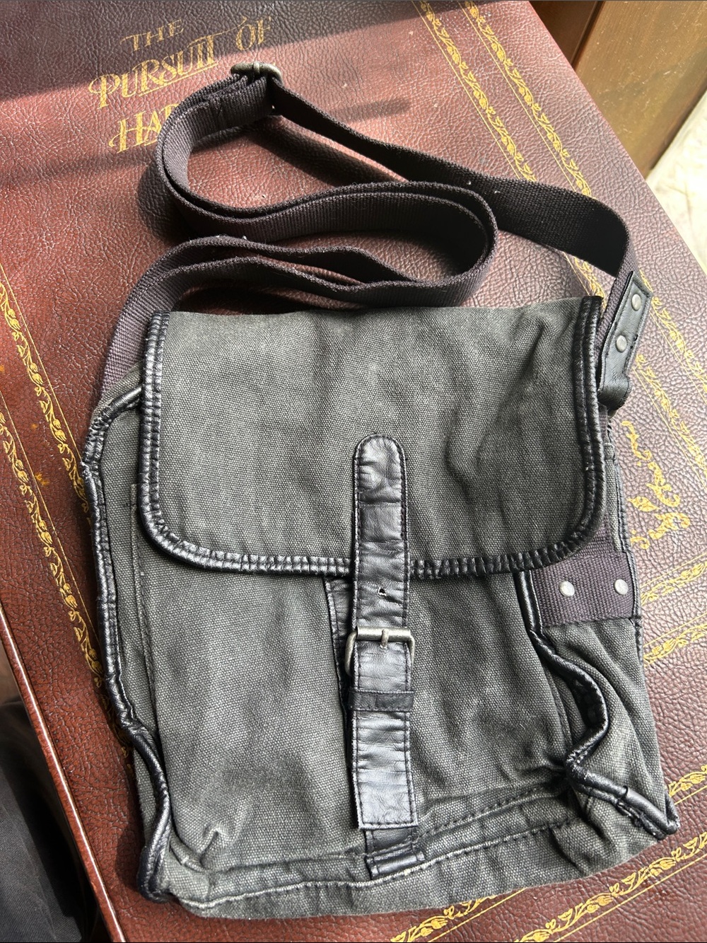 Divided Black Canvas Crossbody Bag with Strap